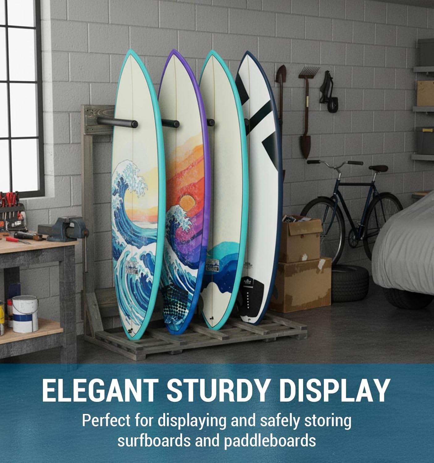 MyGift 4-Ft Tall Rustic Burnt Wood Freestanding Vertical Surfboard Rack, Wakeboard SUP Paddleboard Storage Rack - Holds up to 4 Boards - Image 4