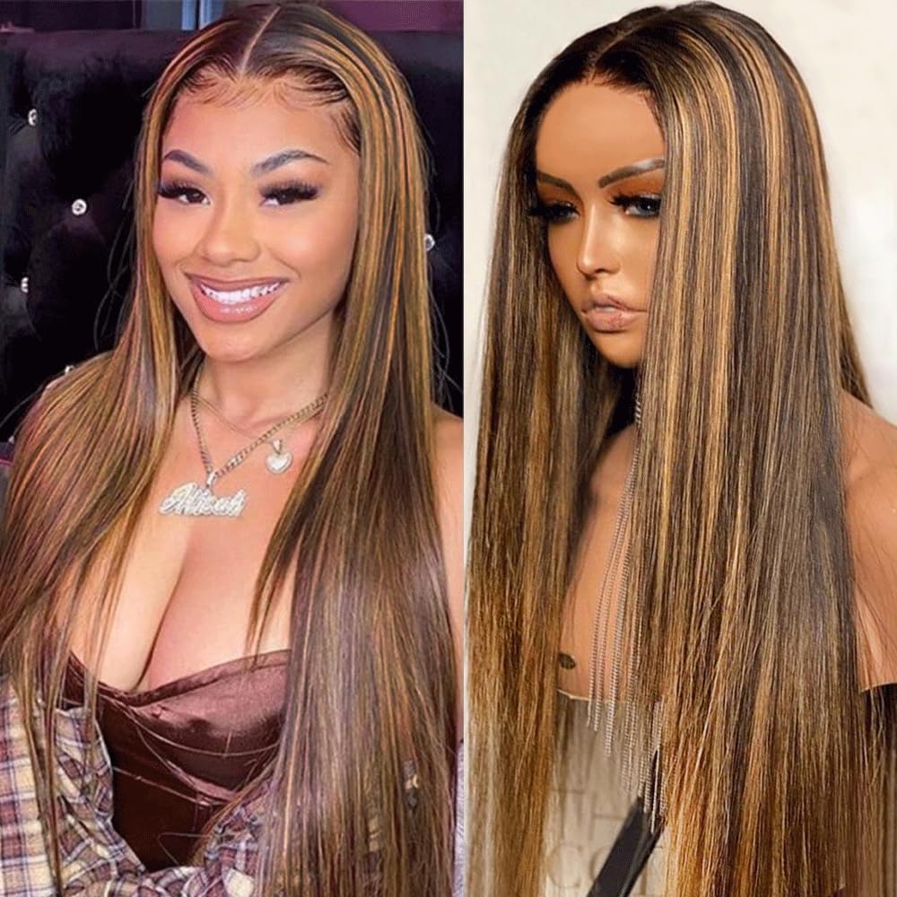 24 Inch Glueless Wigs Human Hair Pre Plucked Pre Cut for Beginners Highlight 13x4 HD Straight Lace Front Wigs Human Hair for Women Honey Blonde Ombre Lace Front Wig Human Hair 180 Density 24''