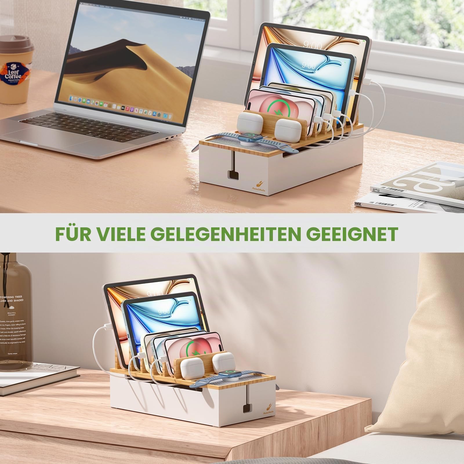 Pezin & Hulin Bambus-Kabel-Management-Box, Draht-Organizer für Kabel, Ladestation, Desktop-Dock-Organizer-Rack für elektronische Geräte (inkl. 6 Kabel) (ohne Netzadapter) – Natur + Weiß