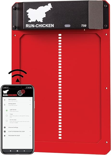 RUN-CHICKEN Model T50, Automatic Chicken Coop Door, Full Aluminum Doors, Light Sensing, Evening and Morning Delayed Opening Timer