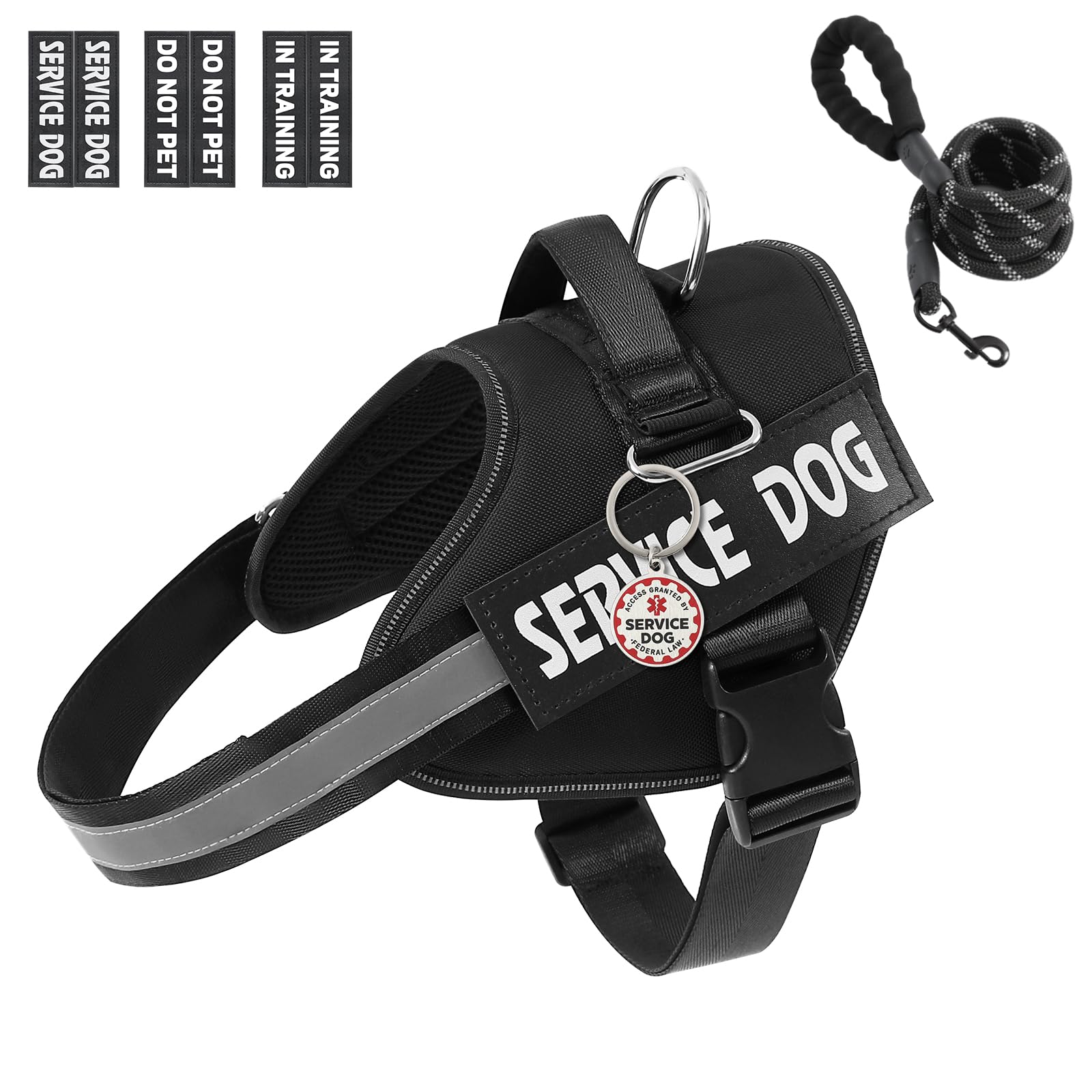 VOOPET Service Dog Vest Harness+ ID Tag and Leash Set+6 Patches,No Pull&Adjustable Reflective Dog Harness for Training,Suitable for Small Medium and Large Dogs.