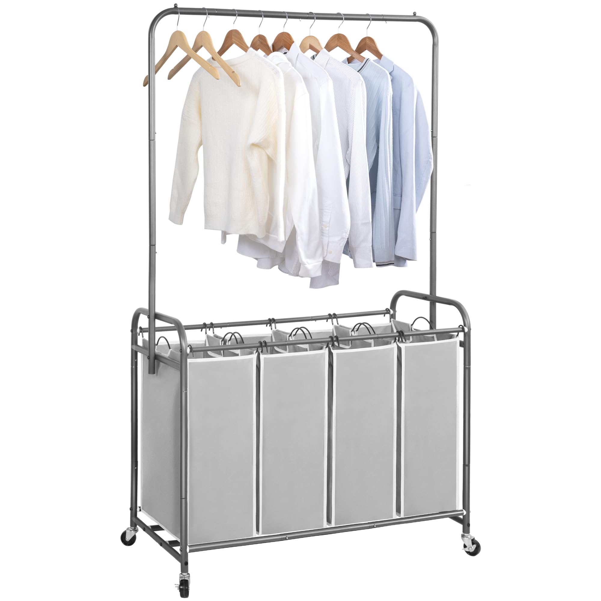STORAGE MANIAC Laundry Sorter with Hanging Bar, Portable, Removable Laundry Hamper Cart with Heavy Duty Rolling Lockable Wheels and Removable Bags, Rolling Laundry Basket Organizer 181L, 4 Section
