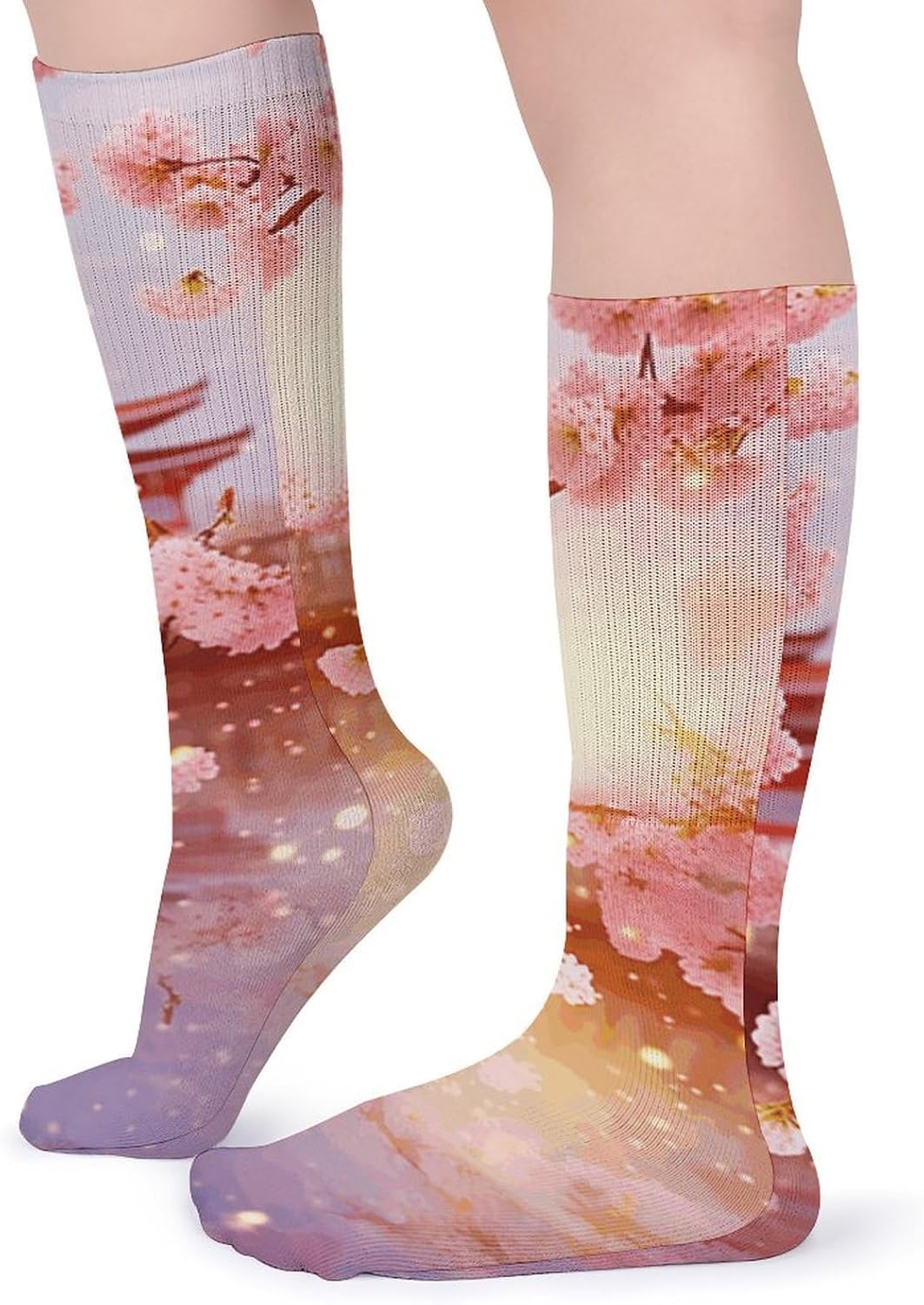 Breathable Crew Sock, Moisture Wicking, Athletic Calf Socks, Cozy | Cherry Blossoms Compression Socks for Women Men, Lightweight High Work Socks for Business, Casual