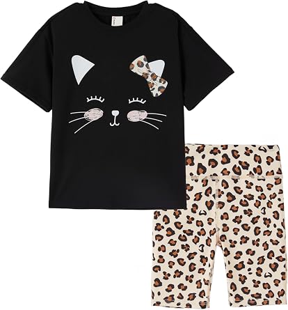 PATPAT Girls Graphic T-Shirts + Biker Shorts 2 Piece Summer Outfit 4-14Y