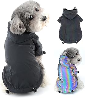 Ranphy Dog Raincoat Hooded Windproof Water Resistant Holographic Reflective Pet Trench Coat Hoop and Loop Adjustable Drawstring Ski Coat Fleece Lining Small Medium and Large Dog Rain Jacket, XXL