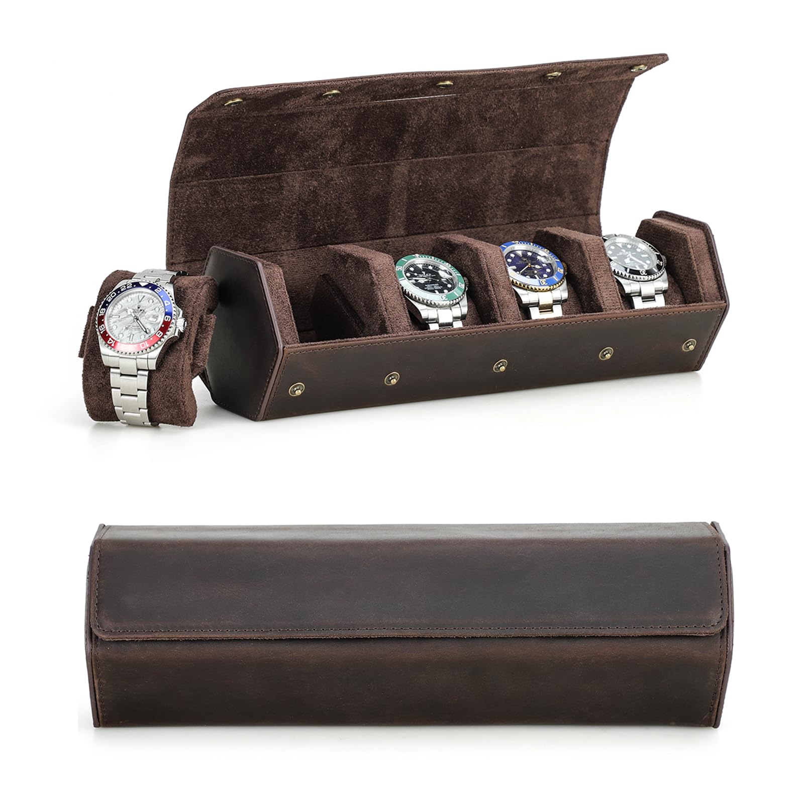 Hiram Estuche para Relojes Estuche de cuero Hexagonal para 8 Relojes, Estuche Protector de 8 Ranuras para Relojes, Organizador de Relojes para Viajar (Café)