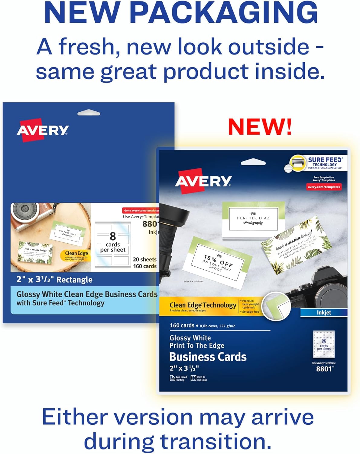 Avery Glossy Business Cards with Sure Feed Technology, 2" x 3.5", Glossy White, 160 Total, Clean Edge, Print-to-the-Edge, Inkjet Printable Cards (8801)