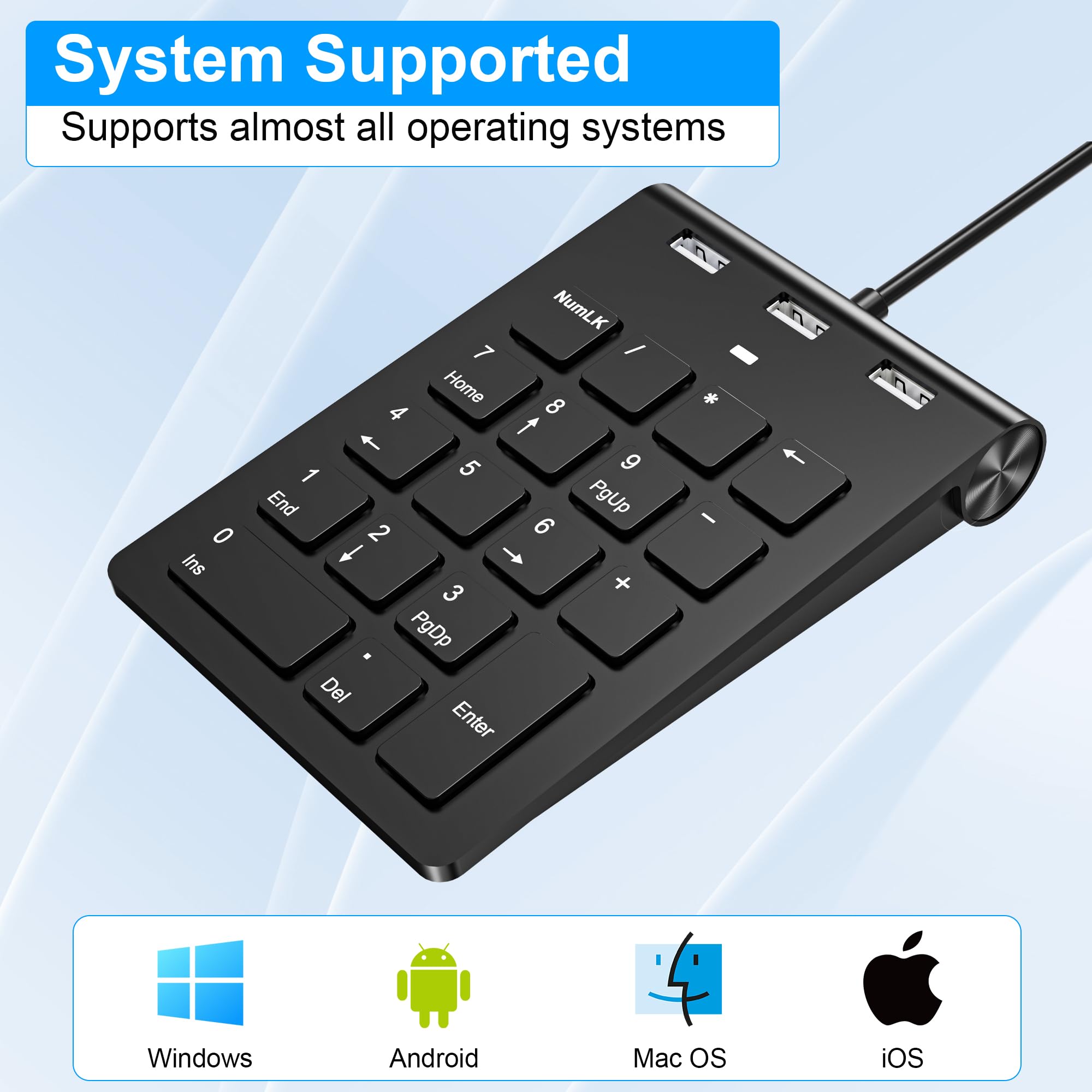Teclado Numérico con Cable, USB A/USB C Ultradelgado 18 Teclas Mini Teclado Numpad Portátil Ergonómico con 3 USB 2.0 Puertos, Oficina Cálculo Extensiones de Teclado para Computadora Portátil, PC