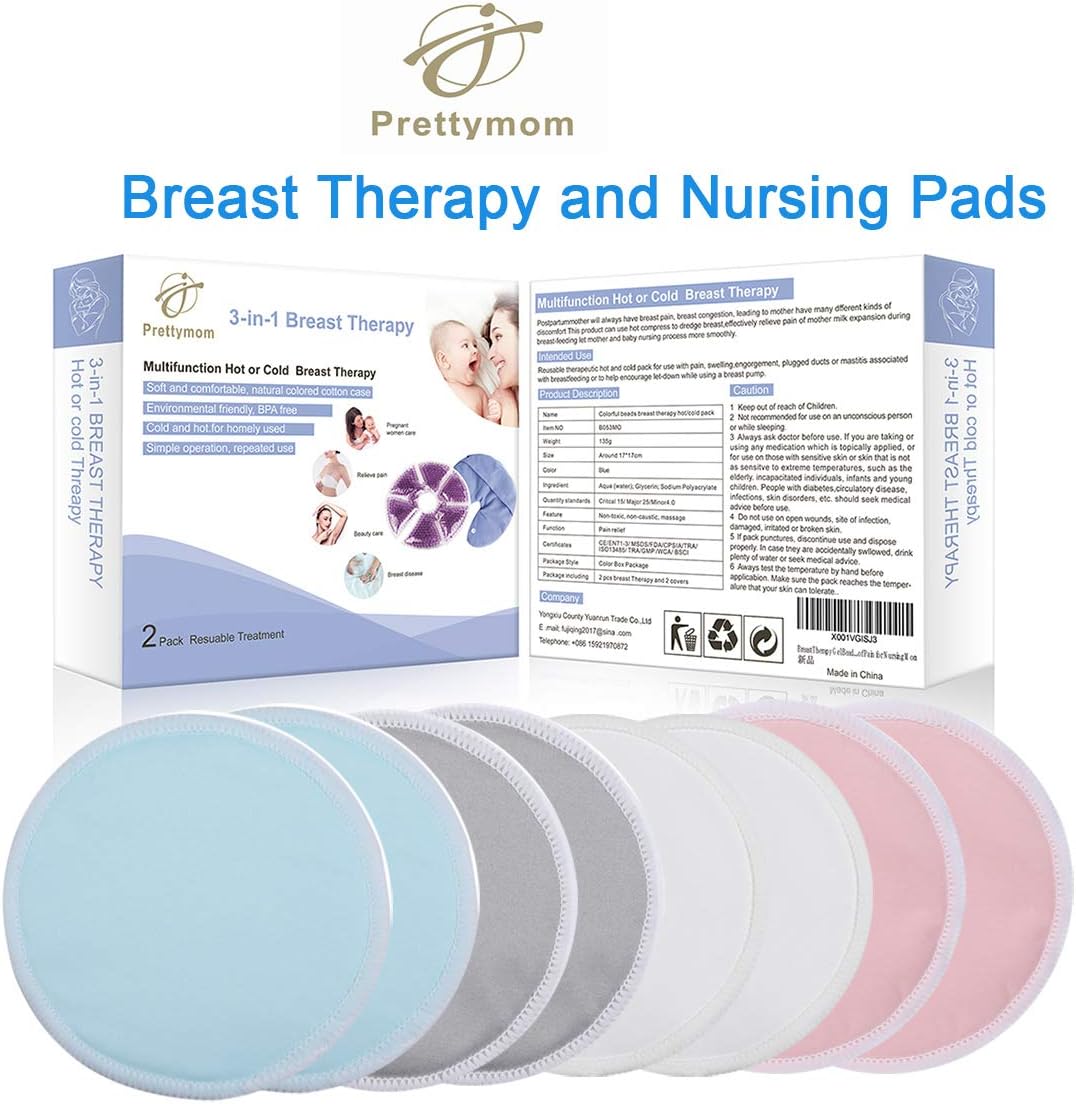 Breast Therapy Gel Bead Ice Packs and Reusable Bamboo Fiber Nursing Pads - Include 8 Pices Bamboo Nursing Pads and 2 Packs Reusable Hot / Cold Therapy Breastfeeding Gel Pads