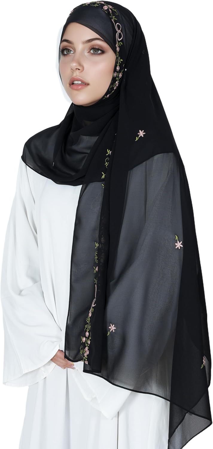 Embroidery Hijab for Muslim Women Solid Color Khimar Floral Chiffon Hijab One Size Modest Islamic Headscarf