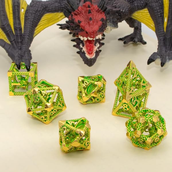 DND Würfel Set,Metall Würfel Polyhedral Dice,Dungeons and Dragons Gift, D&D Würfel Set für Rollenspiele, MTG,PRG, 7-teilig, mit Pathfinder Shadowrun Yahtzee (Grün mit Goldener Verzierung) - 4