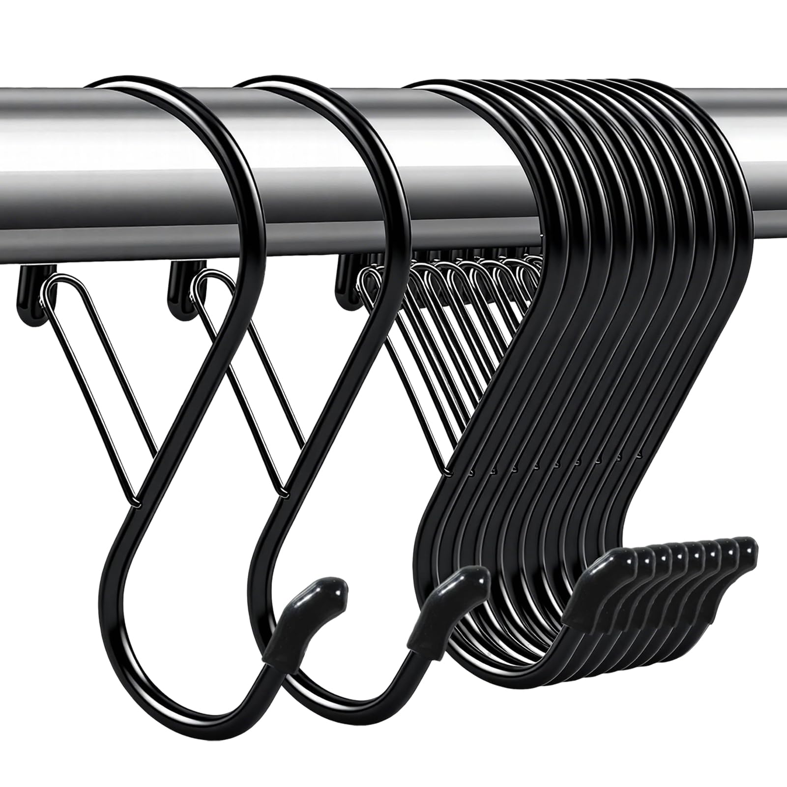 Peaflew 10 Pack 10cm Large S Hooks with Safety Buckle – Heavy Duty Solid Metal Steel Black S Shaped Closet Hooks for Hanging Plants, Kitchen Utensils, Jeans, Bags, Pots, Fit Most Rods
