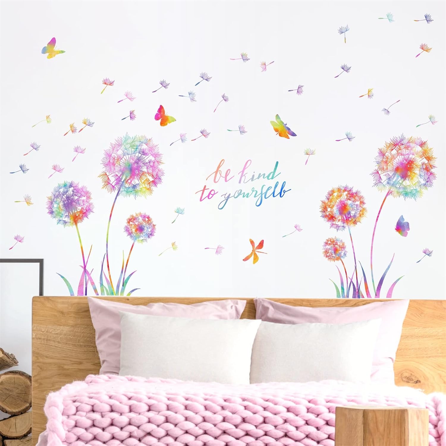Large Dandelion Wall Decals Colorful Flower Wall Decals Peel and Sticks Wall Art Sticker Floral Butterflies Dragonfly Wall Murals Sticker Inspirational Wall Stickers for Girl Bedroom Living Room Decor