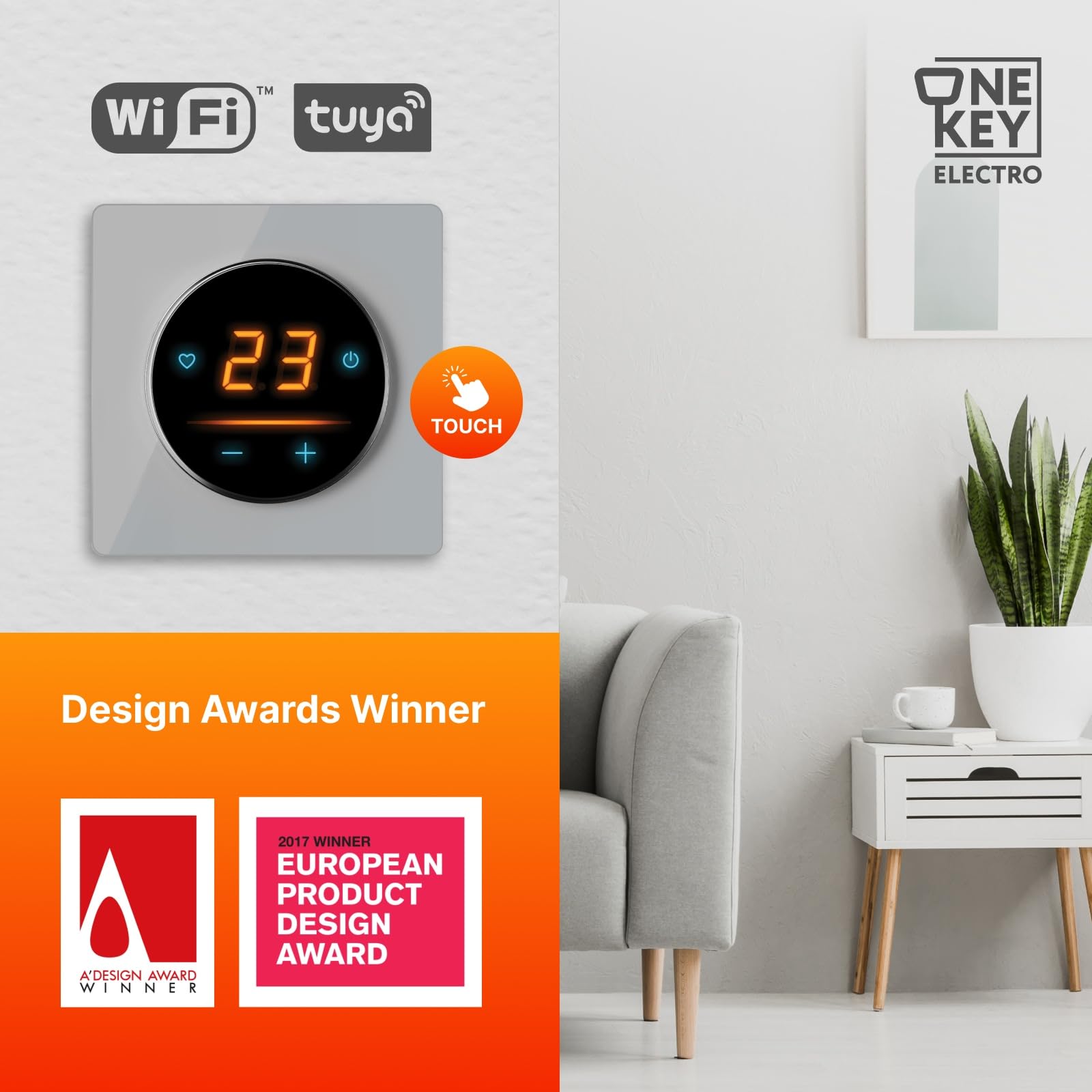 Calefacción eléctrica por suelo radiante: Estera radiante de dos cables WARMON ULTRA 200 W/m² con termostato WiFi OKE-25 Touch y marco de cubierta de vidrio Garda negro, Termostato: OKE25 Garda Gris