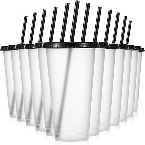 Vista 21 de Mifoci 12 vasos de plástico con tapas y pajillas, vasos de plástico reutilizables, vaso a granel con popote y tapa, vaso helado para beber agua