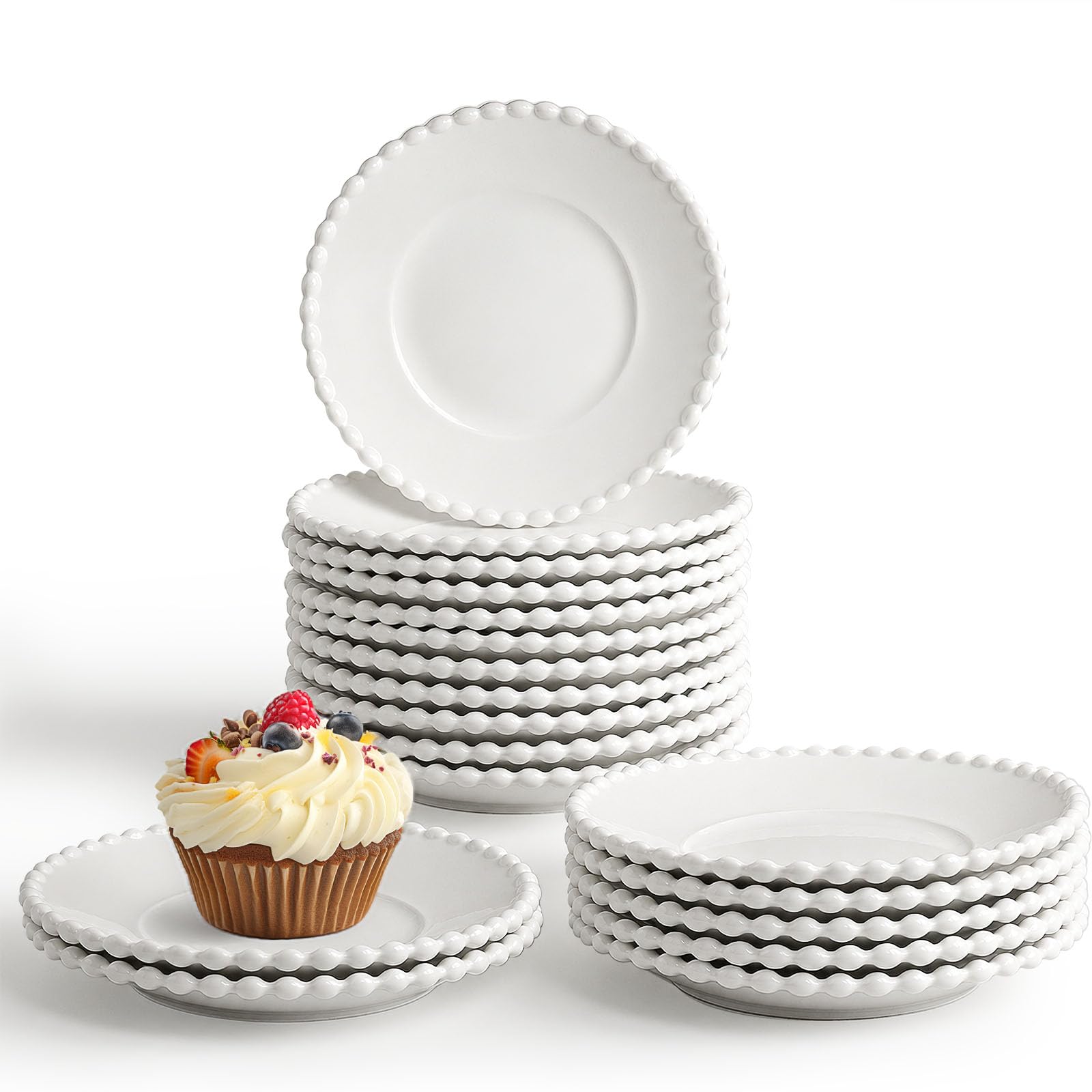 18 Pcs White Porcelain Side Plates, 15.5cm Beaded Rim Dessert Plates, Round