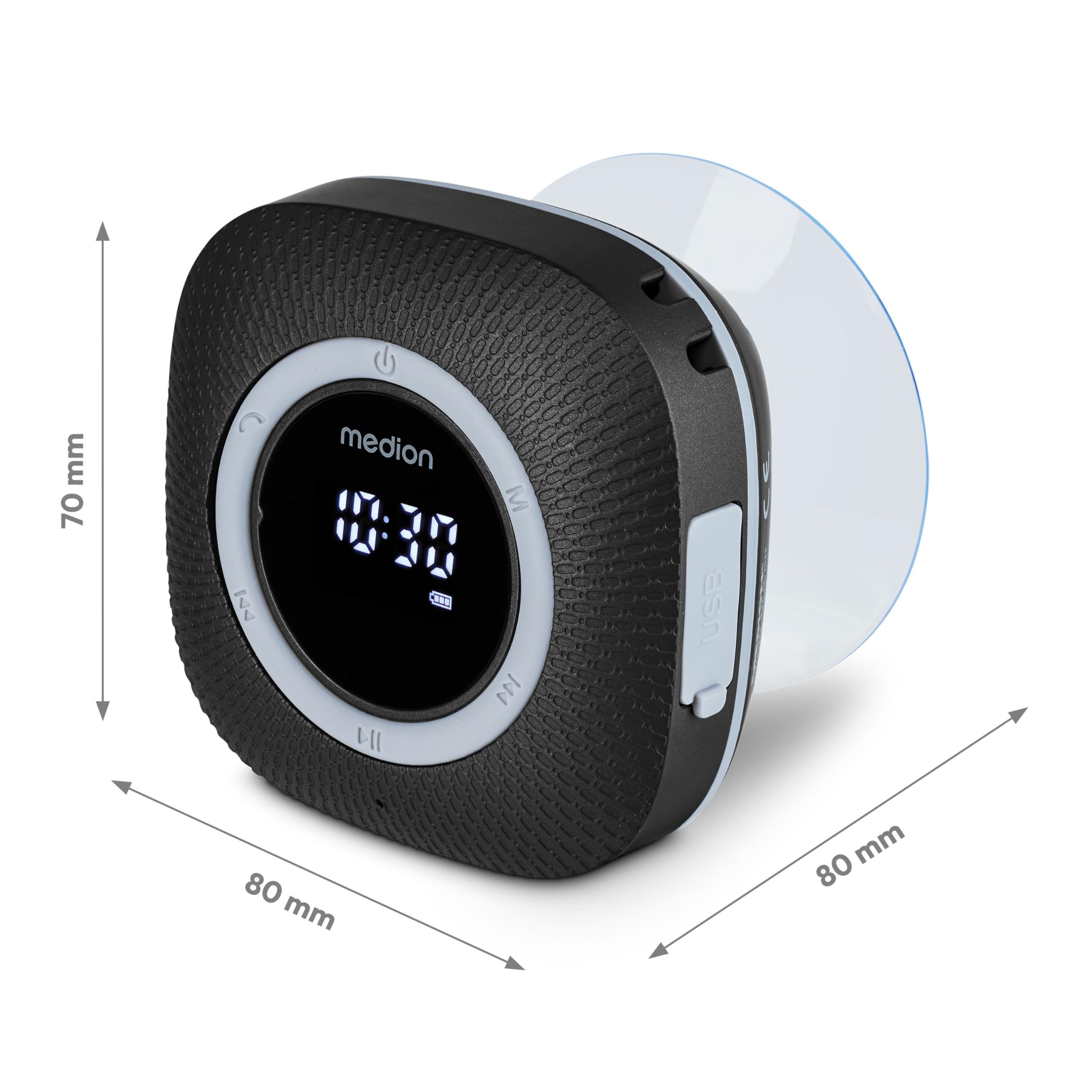 MEDION P66096 Radio de Ducha con Bluetooth (Radio de baño, Radio FM, Ventosa, Pantalla LED, Impermeable IPX6, batería Recargable integrada, MD43884) Negro