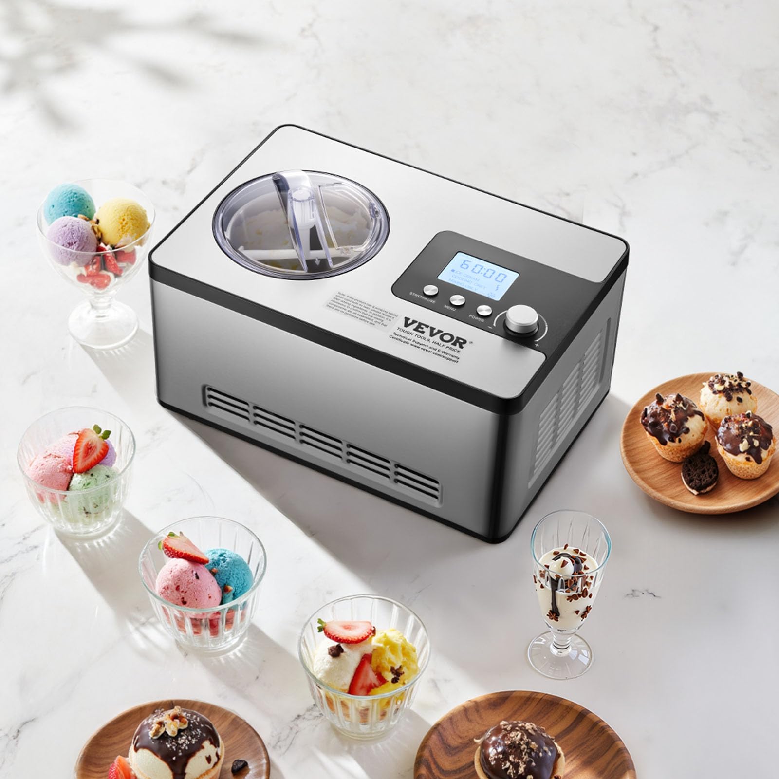 VEVOR Gelatiera Elettrica Casalinga per Gelato Capienza 2L circa Potenza 180W, Macchina per Gelato Elettrica con Schermo LCD Preparazione Rapida Senza Precongelamento per Gelato Sorbetti Frozen Yogurt