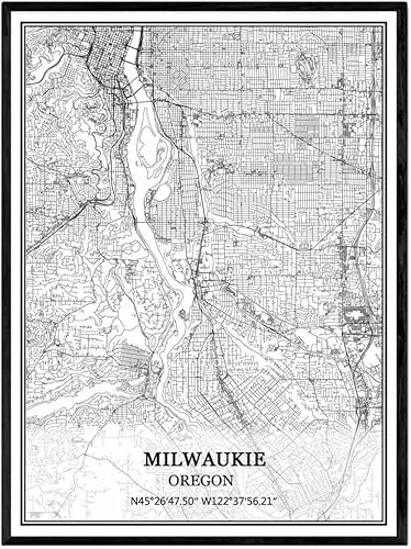 TANOKCRS Milwaukie Oregon USA America Map - Póster impreso en lienzo sin marco, moderno mapa blanco y negro, regalo de recuerdo, decoración del