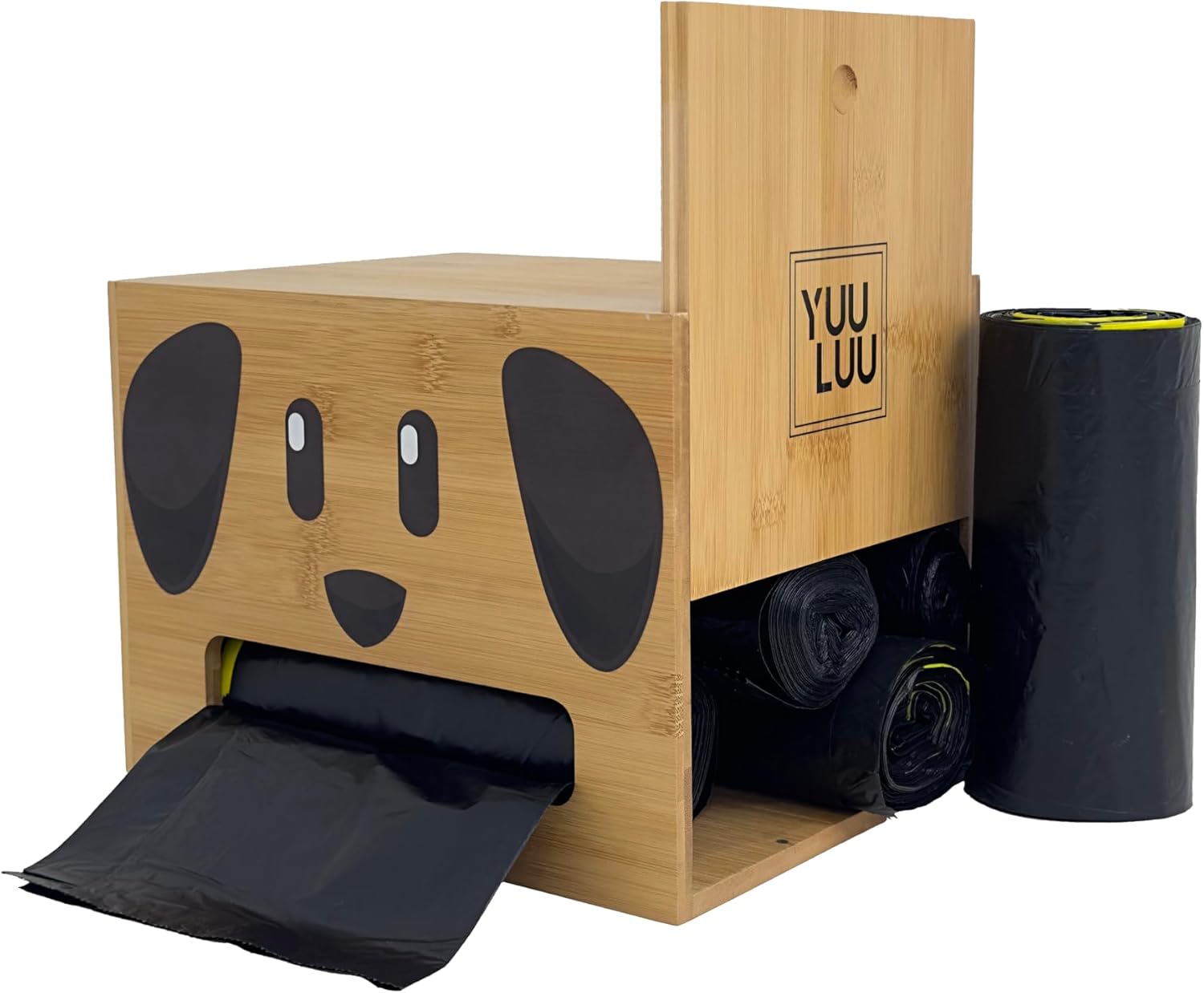 Trash Bag Holder, with Puppy Face, Trash Bag Dispenser including 1 Roll of Bags, Wooden Garbage Bag Holder, Magnetic Closure Garbage Bag Dispenser, Trash Bag Organizer, Organizer Under Sink