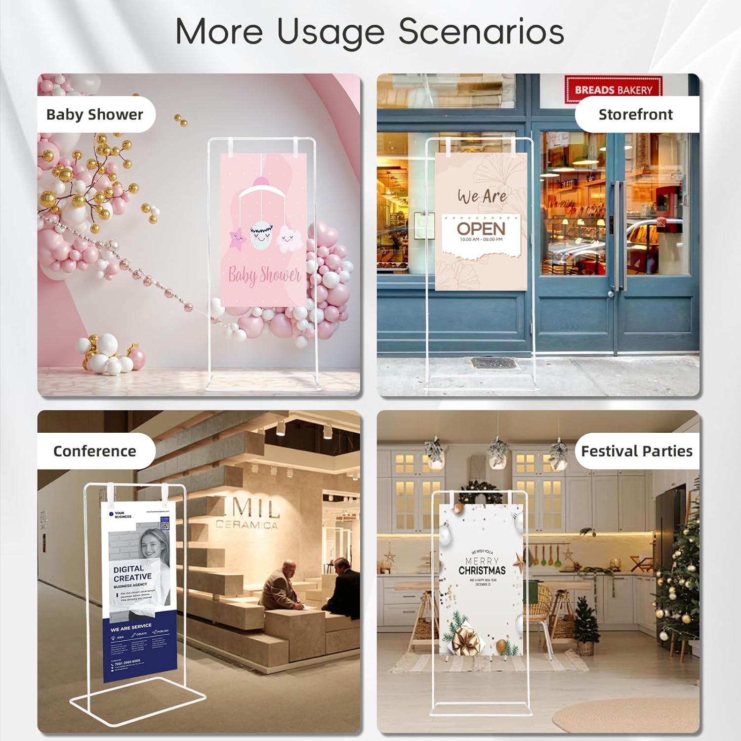 Wedding Stand for Welcome Sign, Adjustable Welcome Sign Stand for Party, Floor Display Stand with Ground Stakes & PU Leather Sign Hanging Straps, 68”x 30”x 20” Heavy Duty Easel Stand for Display(White)