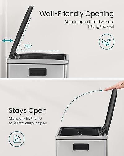 Miniatura 4 de SONGMICS Bote de basura, bote de basura de 13 galones, con 15 bolsas de basura, acero inoxidable, con tapa de cierre suave, cubo interior extraíble,
