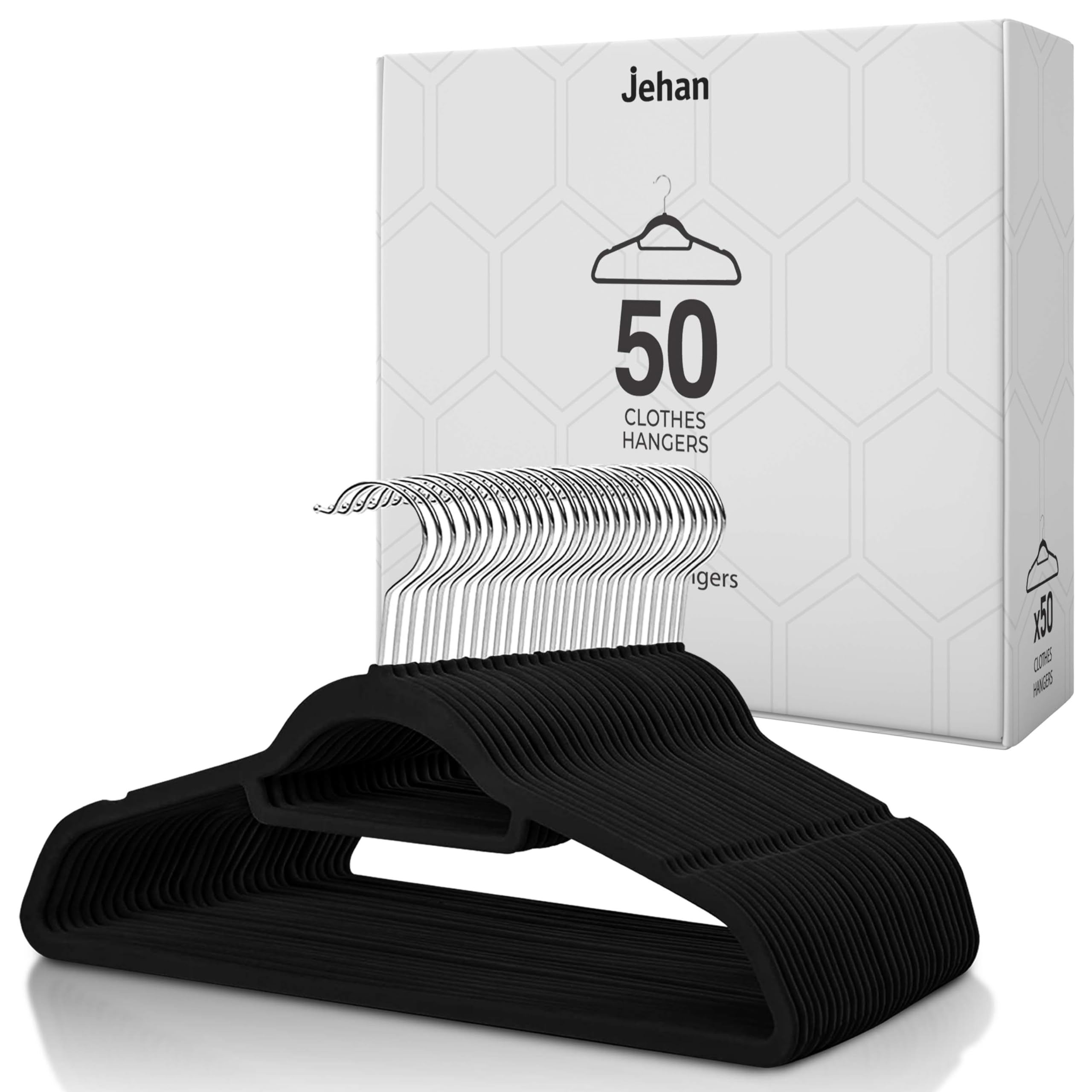 Jehan Non-Slip Velvet Hangers 50 Pack, Space Saving Clothes Hanger Set with 360 Degree Swivel Hook, Heavy Duty Hangers for Coats Jackets Pants Dresses, Black