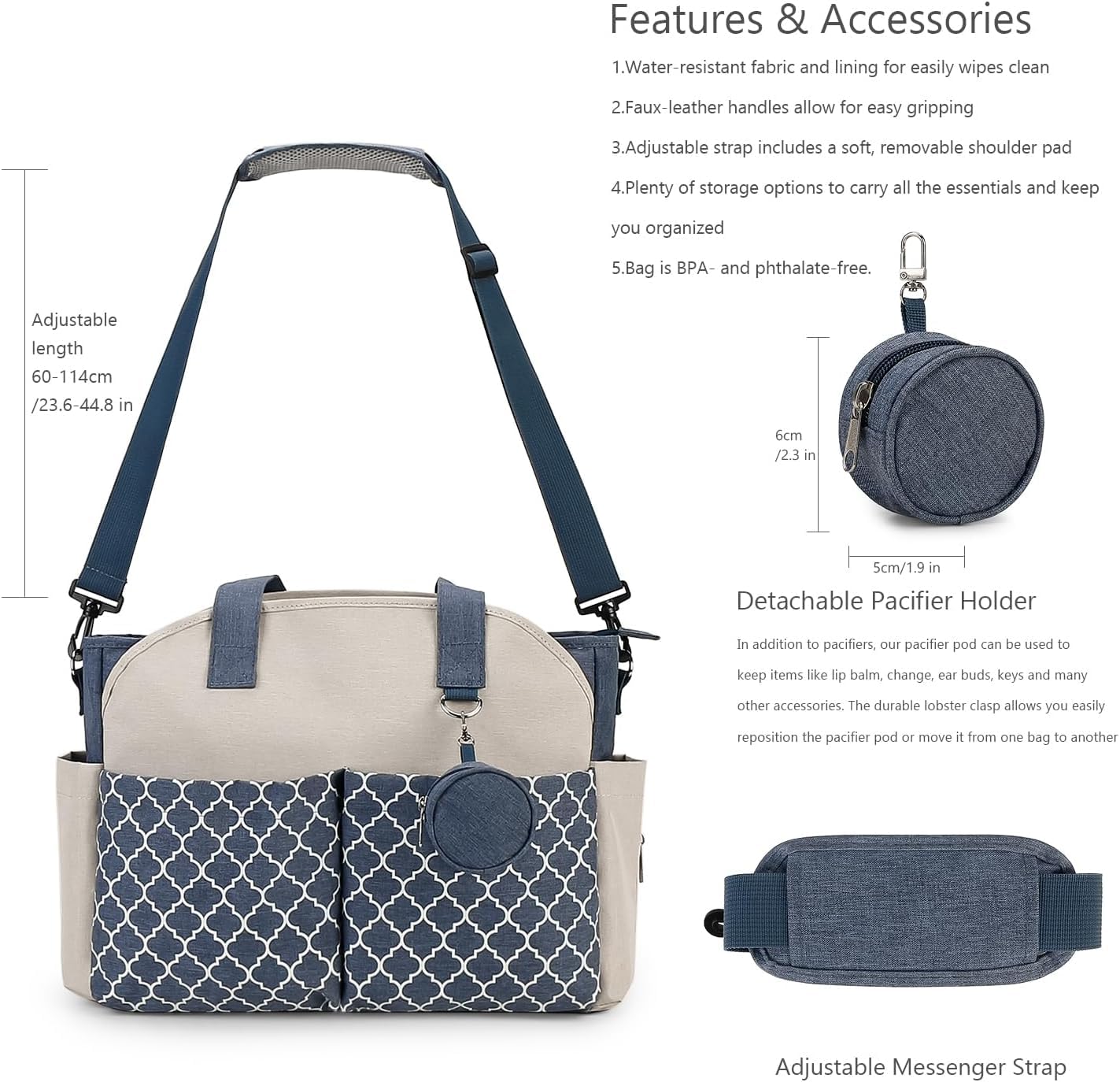 1 sac à langer fourre-tout avec station à langer, sac multifonction pour bébé avec bandoulière réglable (bleu foncé + beige)