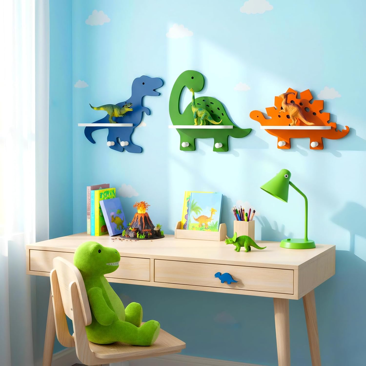 Pinkunn 3 Pcs Dinosaur Wooden Wall Shelf Decorative Dinosaur Bookshelf Tyrannosaurus Stegosaurus Sauropod Wall Shelf with Hanging Pegs Dino Nursery Decor for Boys Room, 3 Styles (Classic Style)