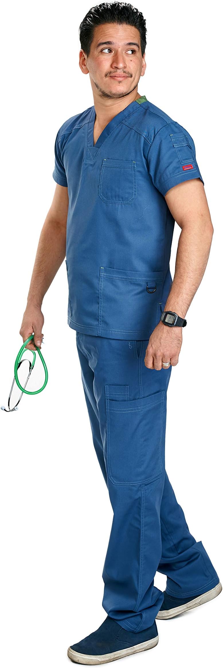 Reina 1020 Classy 3 Pocket top Men Scrub Set incl. Elastic Drawstring Pants w/Zipper Fly - Blue - Medium