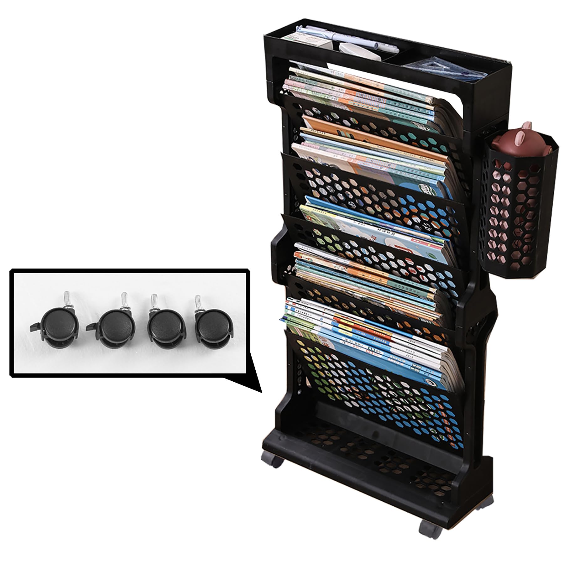 Rolling Cart Organizer Mobile Bookshelf with Wheels Movable Classroom Deskside Bookshelf,Removable Table Side Storage Basket 5 Layers,Magazine Rack Floor Stand,
