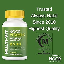 Noor Vitamins Halal Vitamins, Daily Multivitamin, Halal Vitamin for Women and Men, 30 Vitamins & Minerals, A, B12, C, Iron, Zinc to support general health, Non-GMO, Halal Multivitamin (2 Month Supply)