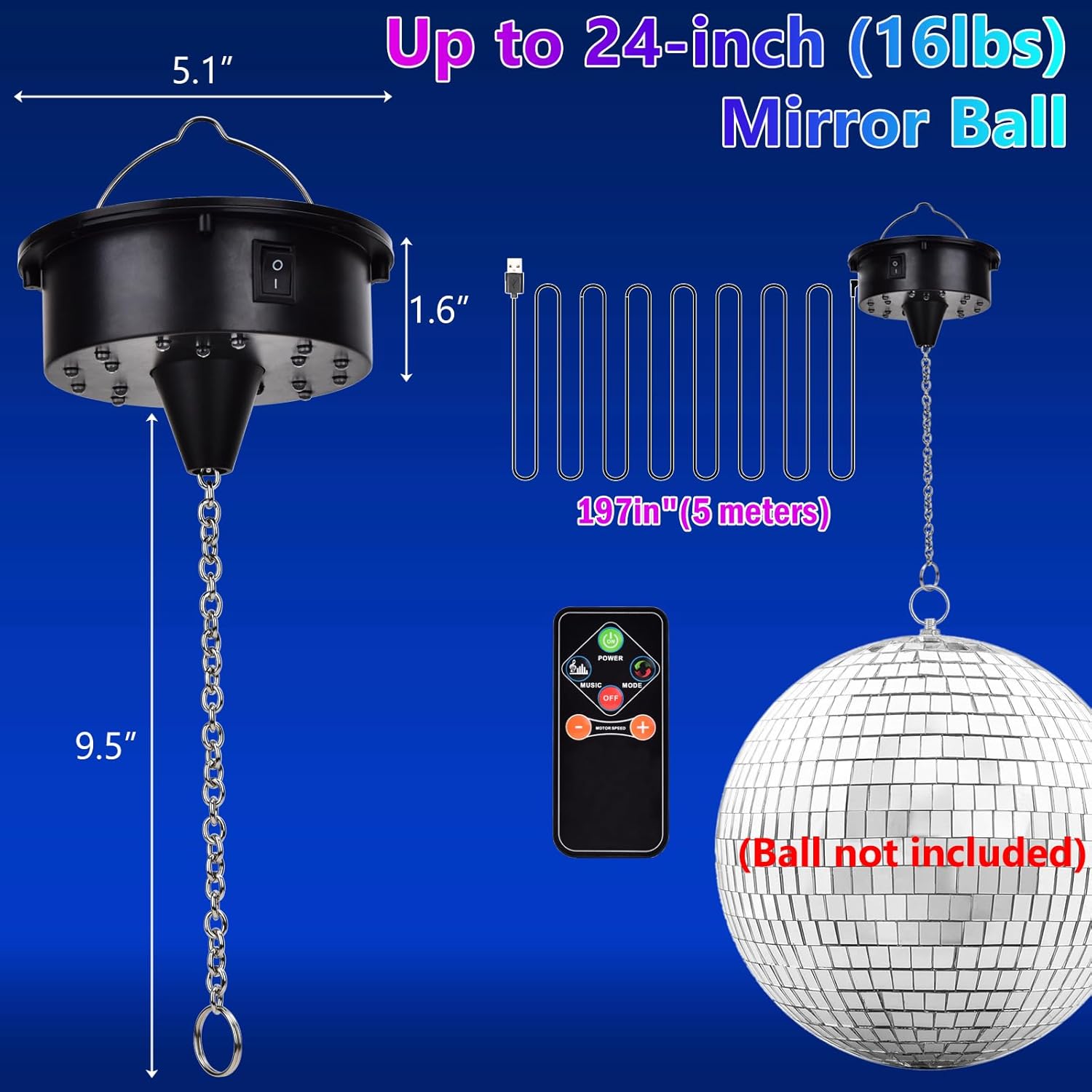 Rotating Disco Ball Motor Light, 6-12RPM Adjustable Speed Disco Ball Spinner Light 18LEDs for 8~24'' Large Heavy Duty Mirrorball Motor,Wedding Birthday DJ Party Decor Outdoors Upgrade Rotator