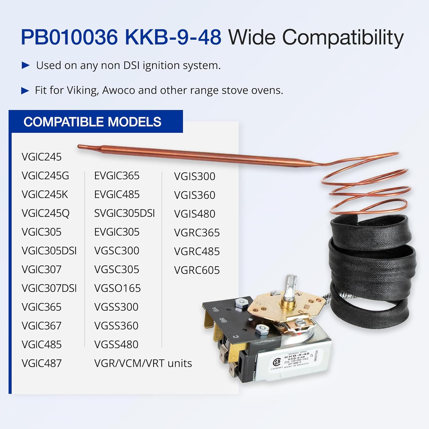 Robertshaw KKB-9-48 PB010036 Thermostat Bake/Broil Part, Oven Thermostat for Viking, Awoco Gas Range Stoves Oven, 22A 120-250 VAC, Max Temp 606°F, CSA Approved