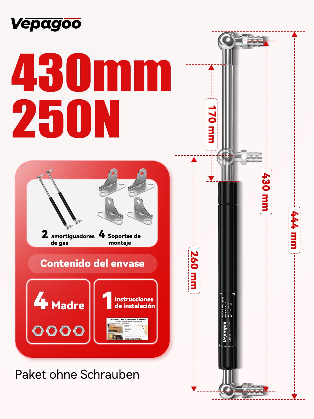 Veapgoo uniwersalna sprężyna gazowa 430 mm, 245 N, do przyczepy kempingowej, łóżka, pokrywy drzwi, drzwi, szopy, okien i innych niestandardowych projektów Heavy Duty, zestaw 2 szt