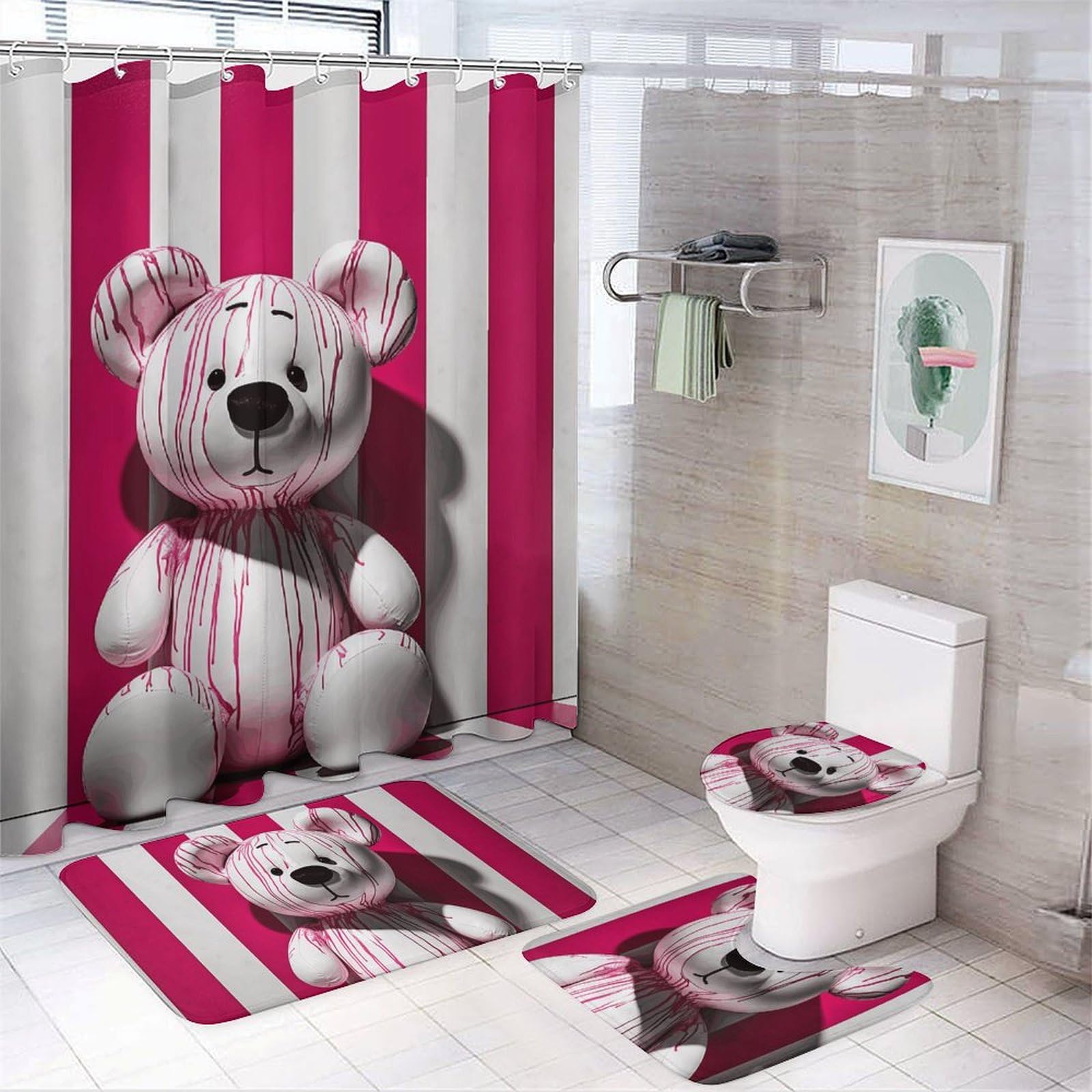 Ensemble de 4 pièces de bain Fluid White Bear avec rideau et tapis antidérapants