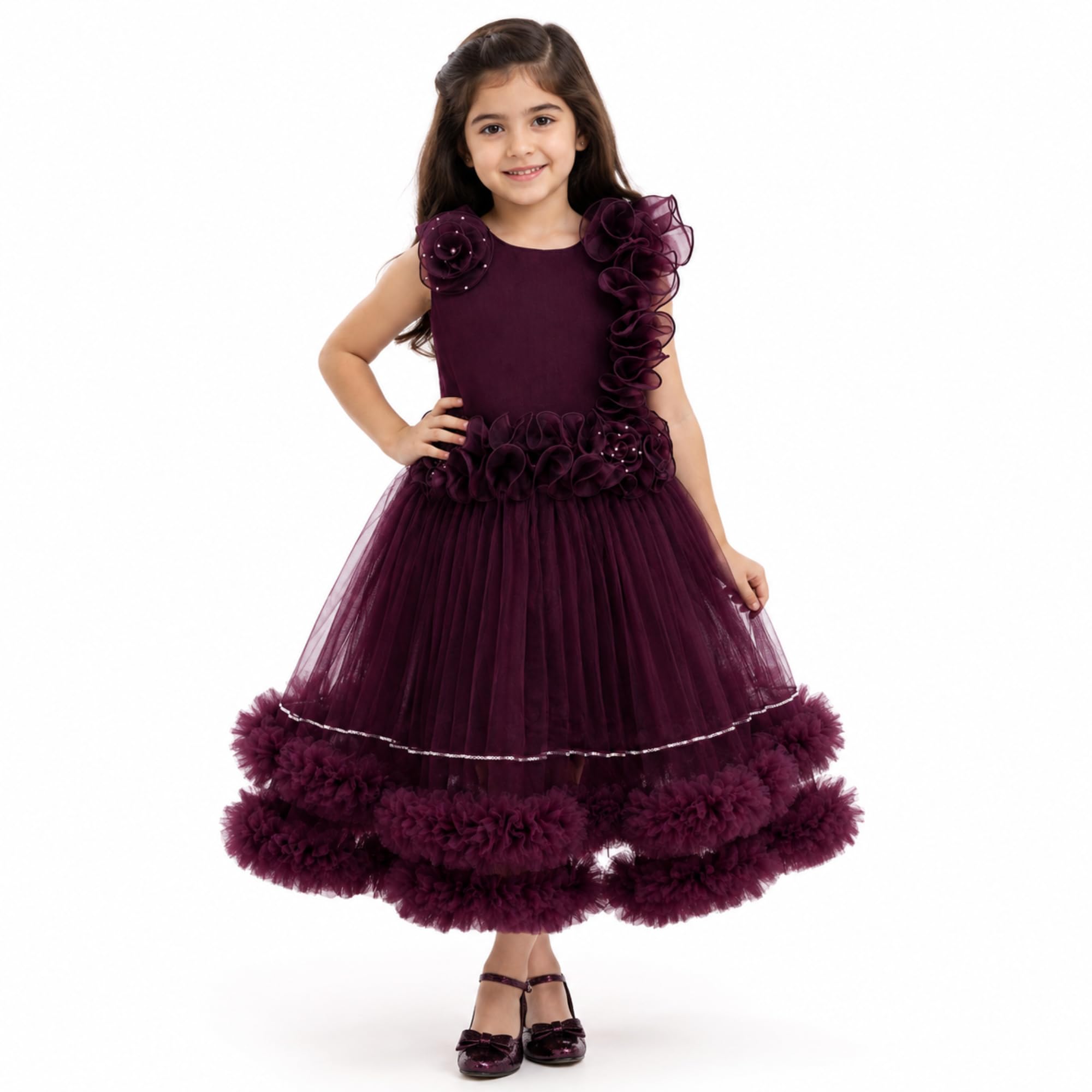 Girls Party Dress | Premium Net Floral Frock for Birthday, Weddings, and Festivals | Comfortable Sleeveless-image-19