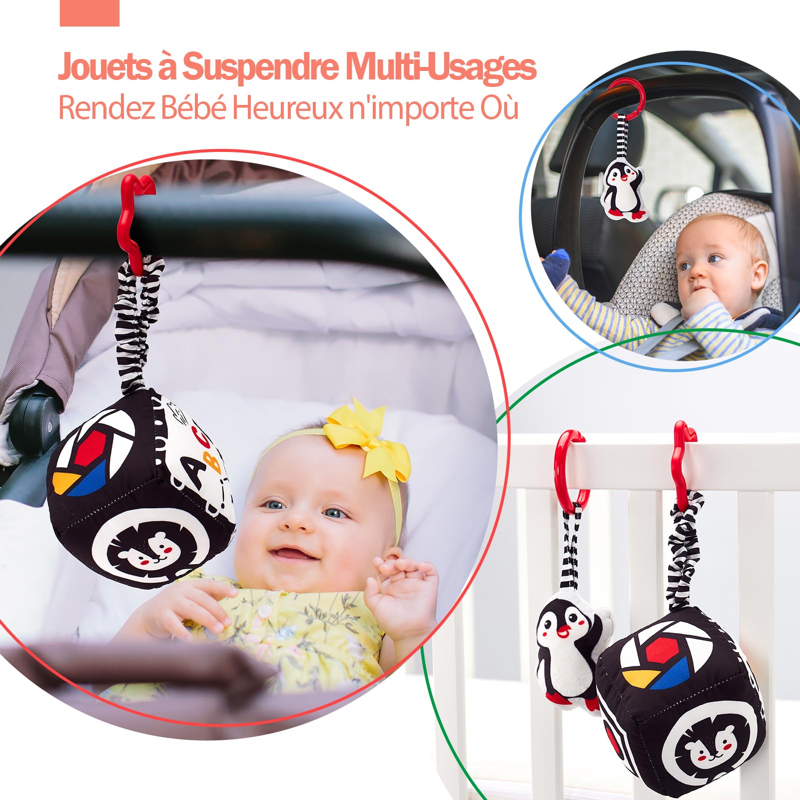 hahaland Jouet Bébé pour 0-3 Mois Carte Flash Blanc et Noir et Anneau Dentition Jouet Montessori pour Bébé Eveil 0-6 Mois Cadeau Naissance Garcon Fille
