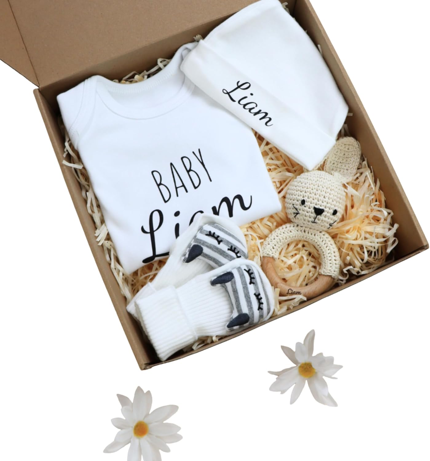 Personalized Newborn Outfit Gift Set of 4 Piece, Coming Home Box with Custom Bodysuit, Hat, Socks & Bunny Rattle – Unisex Baby Shower Keepsake