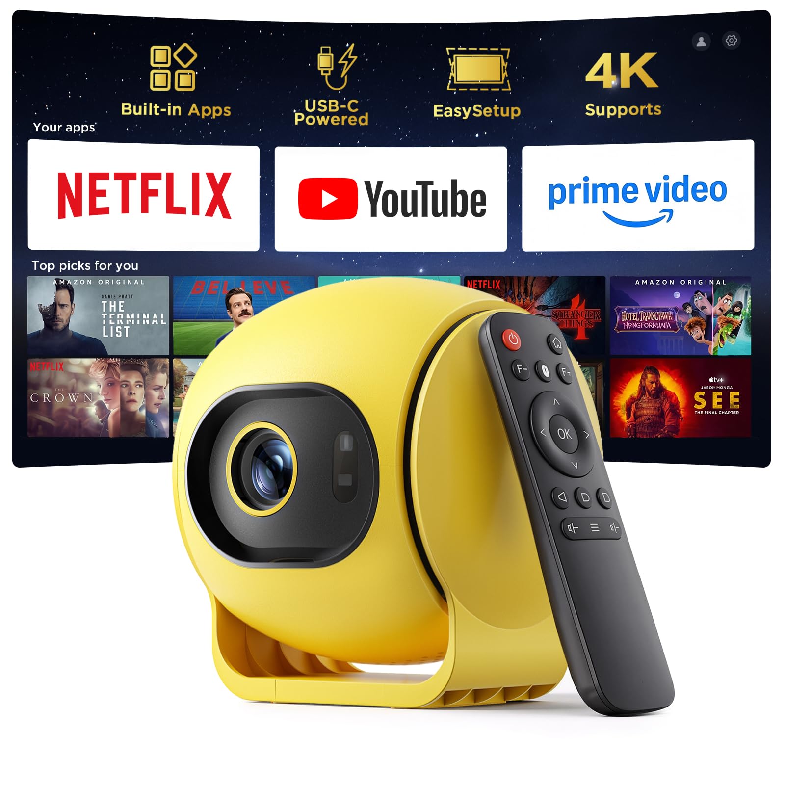 Photo 1 of [ Ultra Short Throw & Built-in Apps ] Android 14 Smart Projector with WiFi and Bluetooth, USB-C Powered, 1080P FHD HDR10, Auto Focus/Keystone, YQHS Mini Portable Projector for Bedroom/Outdoor, Yellow