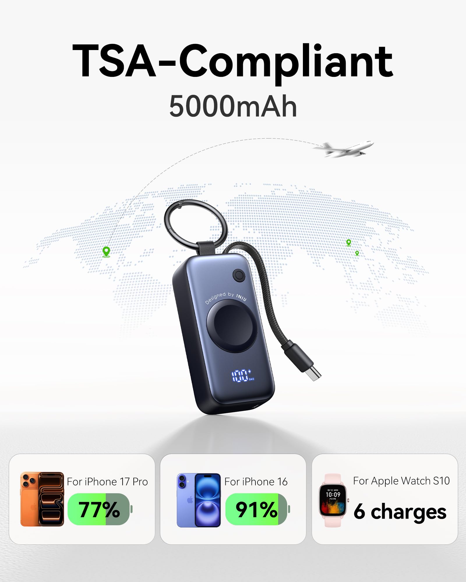 INIU Power Bank 5000 mAh 20 W PD Powerbank z wbudowanym kablem USB C, przenośna ładowarka do Apple Watch, cienka bateria podróżna z breloczkiem, Powerbank do iPhone'a 16 15, Samsung, Xiaomi