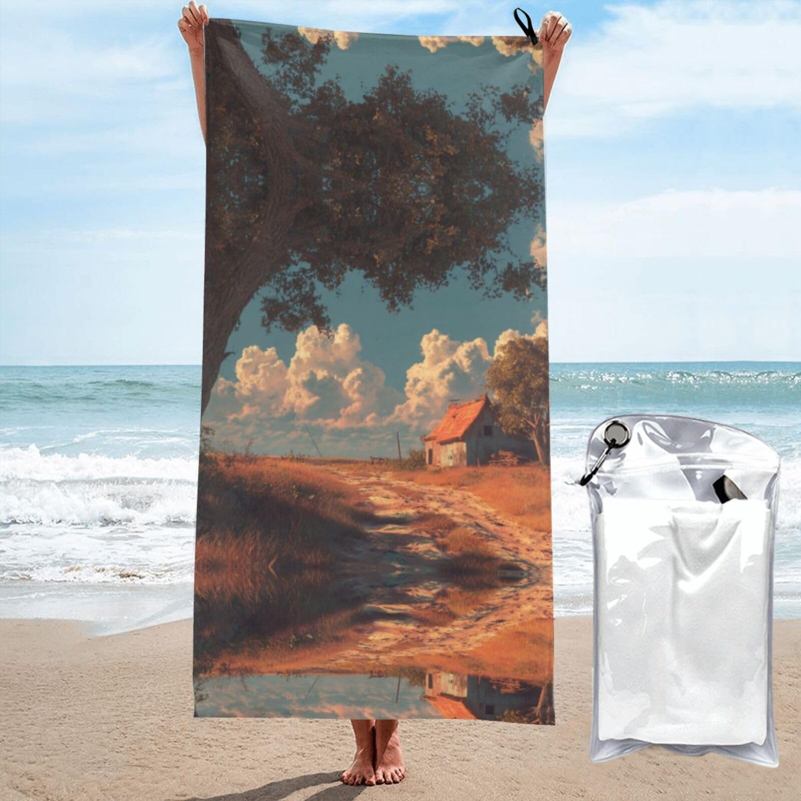 ESNAIUVCD Rural Scenery Print Beach Towel, Microfibre Sauna Towel, Quick-Drying Fitness Towel, Lightweight And Thin Portable Sauna Towel