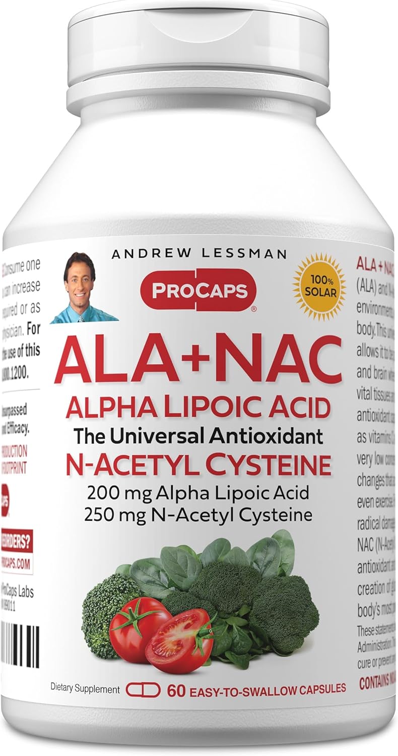 ANDREW LESSMAN ALA + NAC Alpha Lipoic Acid with N-Acetyl-Cysteine 60 Capsules - Ultra-High Potency, Anti-Oxidant Support for Nervous System, Heart, Brain, Liver, Kidneys, Lungs, Energy. No Additives
