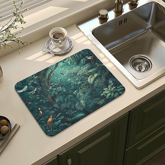 Tropical Birds Plants Diatom Dish Drying Mat for Kitchen Counter with Non-slip Rubber Backed Super Absorbent Heat Resistant Easy to Clean Pad for Sink Under Rack Coffee Bar