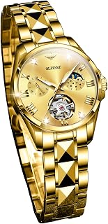 Women Automatic Watches Luxury Diamond Flywheel Two-Tone Stainless Tungsten Steel Band Moon Phase 24 Hours