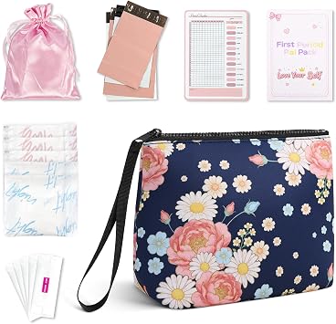 First Period Kit for Girls, Neoprene Sanitary Napkin Storage Bag, Menstrual Pad Bag Tampon Holder for Purse, First Period Gifts for 9-12 Big Floral