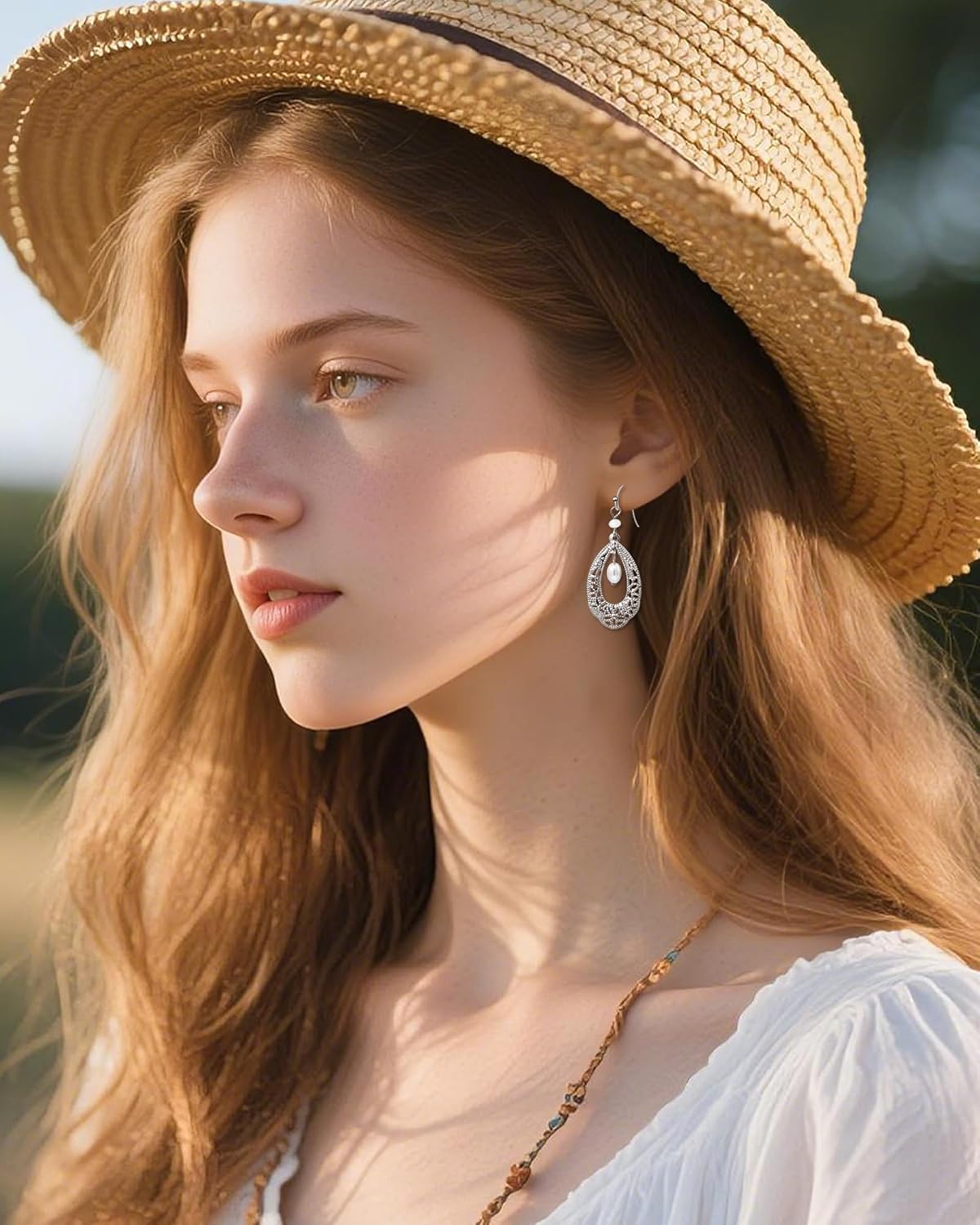 Boho Teardrop Earrings for Women, Sterling Silver Dangle Earrings with Pearl, Hypoallergenic Bohemian Drop Earrings Jewelry Gift - Image 4