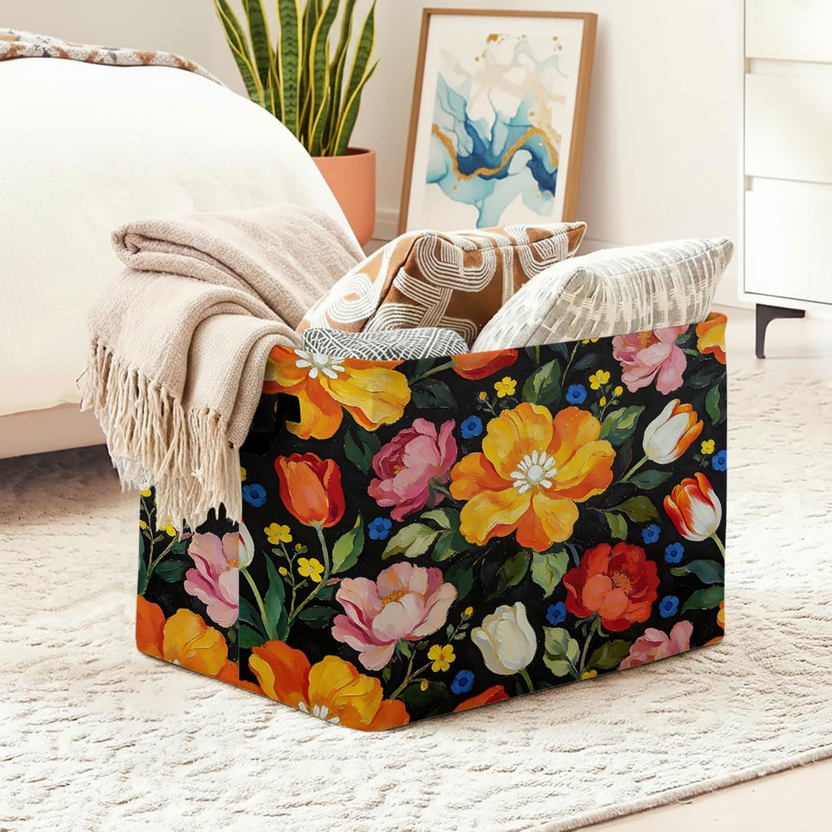 Wildflower Design Foldable Laundry Basket Hamper with Handles, 56L Large Capacity Toy Storage Organizer, Collapsible Clothes Hamper for Home Decor and Bedroom Organization. image 2