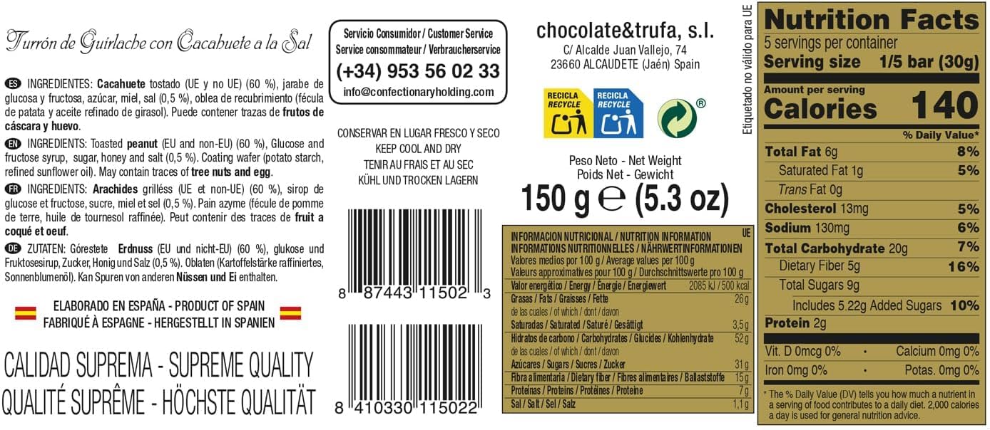 DOÑA JIMENA Turrón Guirlache de Cacahuete 150g Miel y Sal Sin Glúten