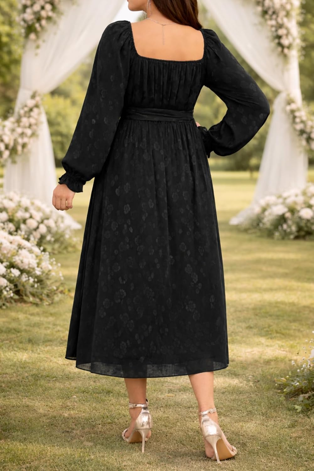 Women's Plus Size Fall Dress - Wedding Guest Long Sleeve Midi Semi Formal Square Neck Flowy Dresses - Image 2